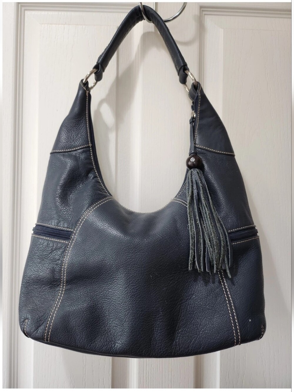 Aurielle Navy Blue Leather Hobo Bag Tassel Slouchy